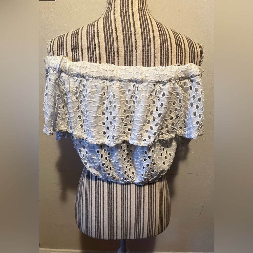 Free People That Girl Off The Shoulder Eyelet Cropped Top Gold Tag White XS - Picture 13 of 13